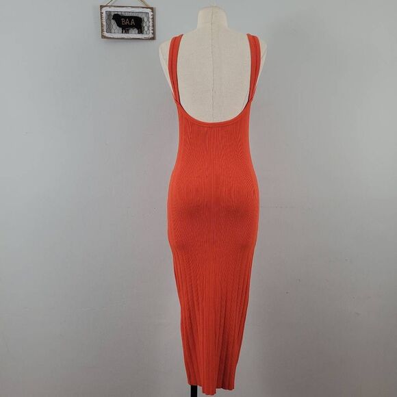 Enza Costa Compact Cotton‎ Scoop Back Midi Dress Sz XS Sunset Orange Ribbed - Picture 5 of 13